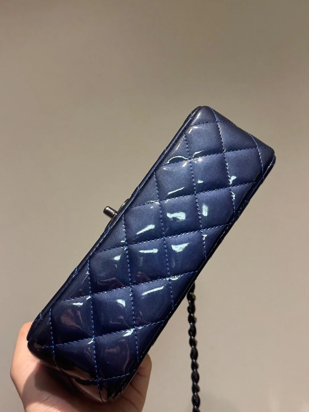 CHANEL Quilted Patent Leather Mini Flap Bag in Navy